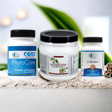 ortho molecular mitocore 7-day detox kit, detoxification, liver health, self care, immune support, energy boost, cellular energy production, antioxidant protection, acetyl l-carnitine, alpha lipoic acid, n-acetyl cysteine, green tea extract, broccoli seed extract, resveratrol, milk thistle seed extract, silymarin, artichoke leaf extract, turmeric root extract, methionine, choline, inositol, zeolite, activated charcoal, humic acids